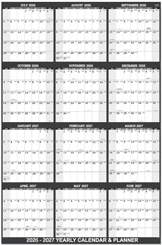 Yearly Wall Calendar 2026-2027 - Wall Calendar 2026-2027, Yearly Wall Planner with Julian Date, From July 2026 - June 2027, Thick Paper, Vertical, 22.8 x 34.4 (Open) - Gray