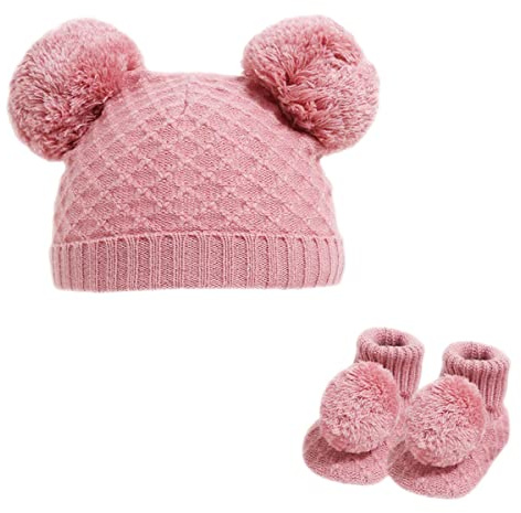Gorro con pompón para bebé niña Conjunto de Botines con pompón Gorro y Botines Gorros de Punto Acanalados cálidos de Invierno para niño y niña recién Oro Rosa Recién Nacido - 12 Meses