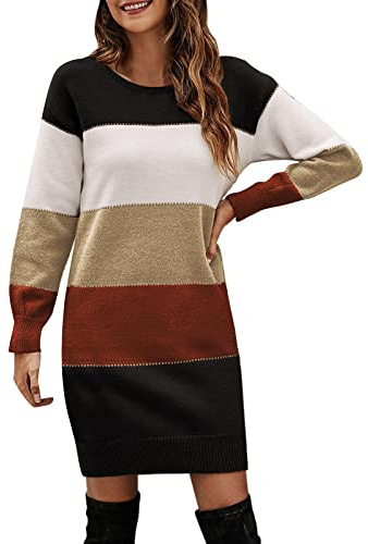 BOTCAM - Miniabito in maglia da donna autunno inverno a maniche lunghe, girocollo, pullover, colorblock, maglieria a coste, a righe, abito casual, slim fit, elastico, miniabito a cannolo, abito