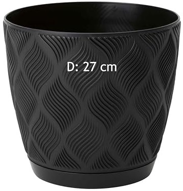 Cache-pot Eco 100 % recyclé - Avec soucoupe - Motif 3D - Décoratif (noir, 3XL - 27 cm)
