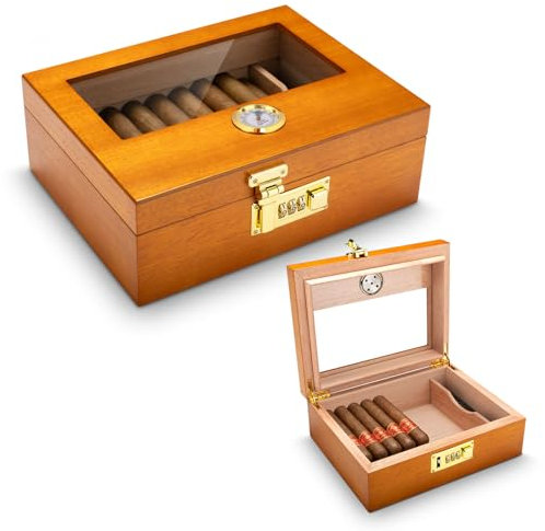 CIGARLOONG Cigar Humidor Cedar Wood with External Hygrometer and Humidifier, Desktop Humidor wirh Combination Lock Cigar Box