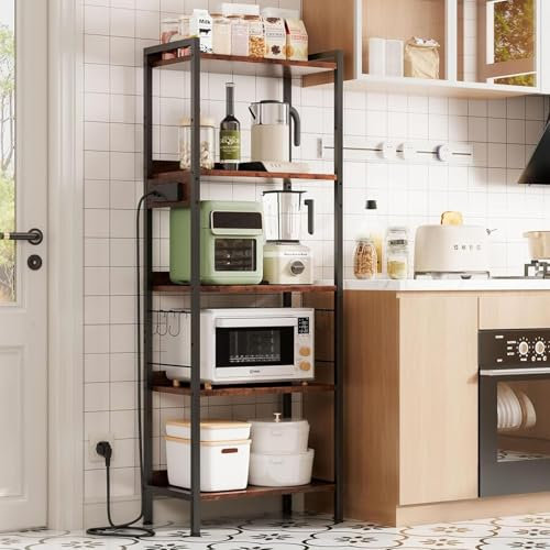 Dripex Küchenregal mit 5 Ebenen, Standregal mit Steckdose, Aufbewahrungsregale, Stahlrahmen, 8 S-Haken, freistehendes Bücherregal für Wohnzimmer, Schlafzimmer, Büro, 60x35x165cm, Vintagebraun+Schwarz