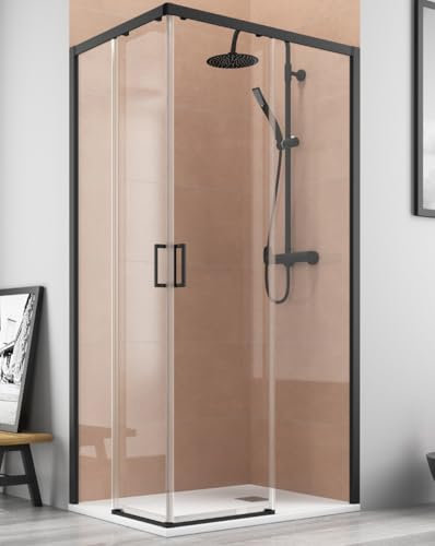 Mampara Ducha Rectangular Angular Corredera 2 Puertas 2 Fijos | Cristal 5mm Antical | Perfil Negro 70cm (Adaptable 68-70cm) X 90cm