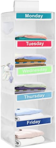 Organizador semanal de ropa para niños, organizador de almacenamiento colgante de 5 estantes para ropa diaria, organizador de ropa para niños del día de la semana, almacenamiento de armario de lunes a