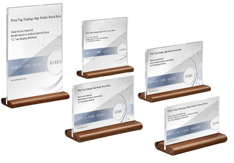 ECKEK 2 Pack Acrylic Label Holder Price Tag Displays Sign Holder Data Card Holder Wood Base Table Top Sign Stand (Walnut 90*55mm/3.54x2.17 inches)