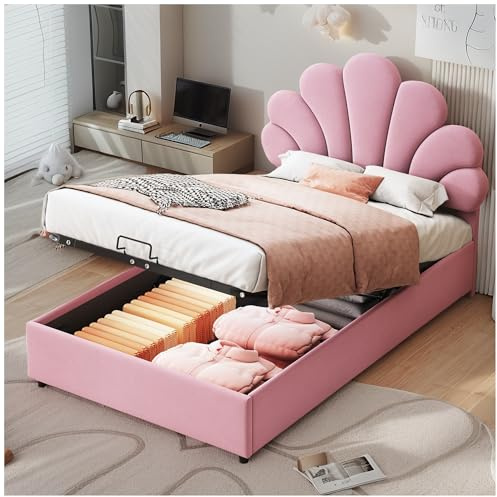 Wyibwy Letto per bambini,90x200cm,imbottito,con testata e rete a doghe,testata regolabile in altezza,con contenitore idraulico,letto singolo,tessuto velour,rosa(senza materasso)