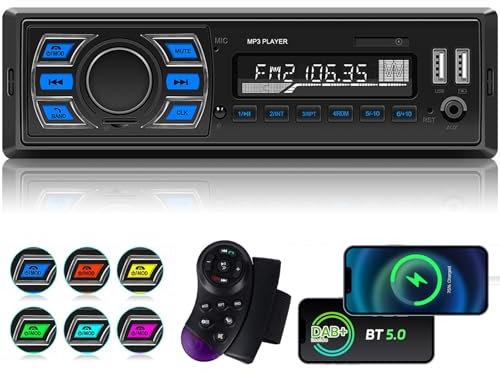Techschermo Single Din DAB Car Stereo - Bluetooth Car Radio with Bluetooth Music & Handsfree Call/FM Radio/USB Charging/TF/AUX Port/Protection Connection + Steering Wheel Control