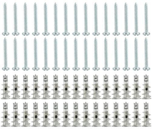 30 PCS Chevilles pour Placoplatre, Cheville et Vis, Chevilles Auto-Perceuses en Métal pour Plaques de Plâtre Kit de 30 Chevilles et 30 Vis, Fixations Robustes pour Béton, Briques et Cloisons Sèches