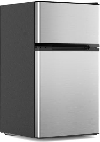 Electactic 3.1 Cu.Ft Mini Fridge with Freezer, 2 Door Compact Refrigerator, Mini Fridge with Adjustable Removable Glass Shelves for Bedroom, Office, Dorm or Apartment, Stainless Steel