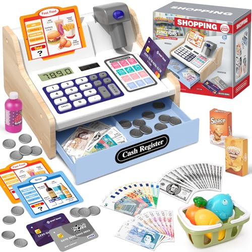 2025 Registratore di Cassa Giocattolo in Legno con Calcolatrice Scanner Giochi per Bambini 3+ Anni, Giocattoli Negozi di Giochi Finti Regali Educativi per Ragazze Ragazzi 3 4 5 6 7Anni, Bianco&Blu