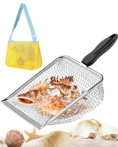 JIRVEX Juguetes Playa Niños de 2 Piezas – Pala de Metal con Tamiz y Bolsa de Malla para Playa 24x20x8 cm – Accesorios de Playa para Recoger Conchas, Juguetes de Arena para Niños y Niñas