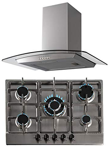 SIA 70cm Stainless Steel 5 Burner Gas Hob And Curved Glass Cooker Hood Extractor