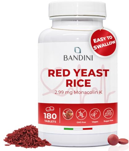 Bandini® RISO ROSSO FERMENTATO da Lievito Monascus Purpureus, 180 Compresse (6 mesi) Facili da Deglutire 99,7mg Red Yeast Rice, 2,9mg di Monacolina K, Senza additivi, Vegan, Senza OGM, Made in Italy
