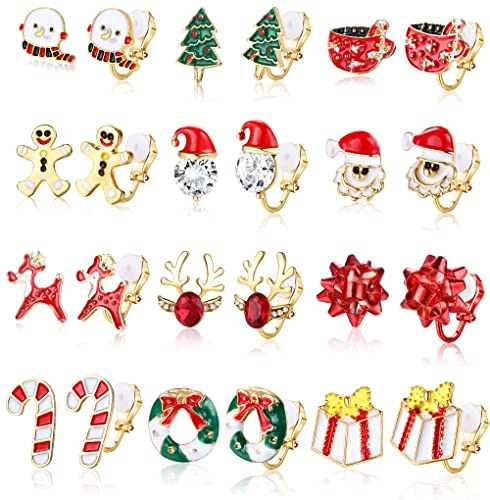 CASSIECA 12 Paires Clip Boucles d'oreilles de Noël pour Femmes Filles Enfants Boucles d'oreilles Renne Sapin Flocon Boucles d'oreilles Pendante de Noël