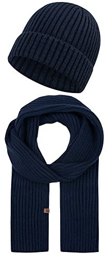 Indicode Unisex Geyser Winter-Set Mütze & Schal | Strick Wintermütze Winterschal Navy, OS
