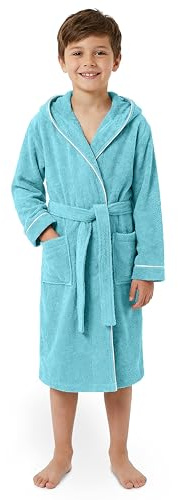 LAYNENBURG Premium Peignoir enfants & adolescents avec capuche - Fille et Garçon - 100% coton - OEKO TEX Standard 100 - Tissu éponge moelleuse - Taille (146-152, Bleu clair)
