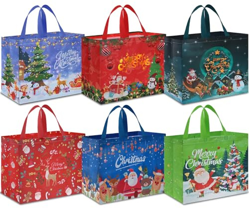 AhfuLife 6pcs Sacchetti Regalo Natale, 36×40×15cm, Borsa Natalizia Riutilizzabile in Tessuto Non Tessuto, Sacchetti Natale con Manico per Confezioni di Regali, Borse Festive per l'uso