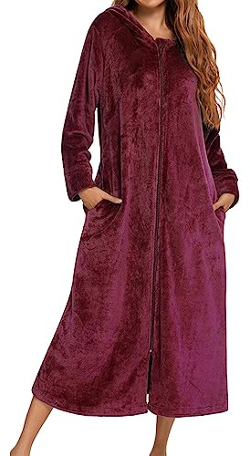 Lang Bademantel Damen flauschig, Winter Bademantel Kuschelig Flanell Langarm Bademantel mit Kapuze und durchgehendem Reißverschluss, Damen Winter Warm Robe Nachtwäsche Dressing Gown für (Red, M)