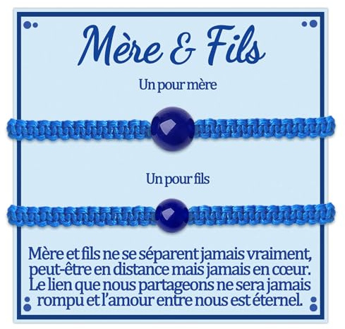 Mamounette Bijoux Mère Noël Cadeaux Fête des Mères Anniversaire Femme Homme Bracelets Assortis Bleu Perles