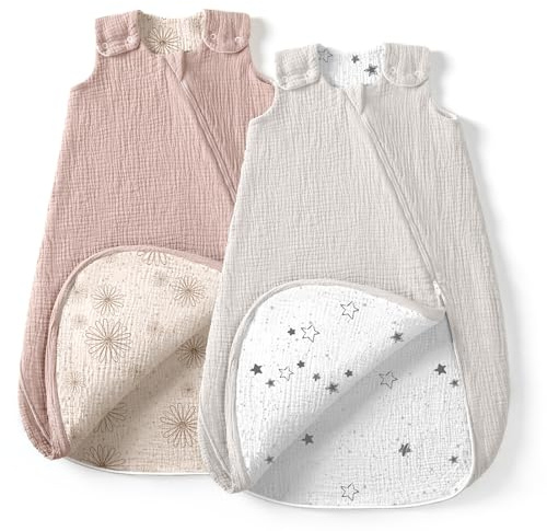 lulumoon Baby Muslin Sleeping Bag: Wearable Cotton Blanket - Soft, Lightweight, Ideal for Nursery, Lounge, Nap, Sand Daisies and Grey, S