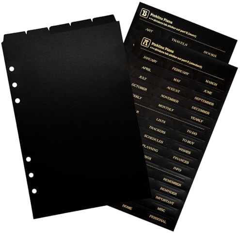 DY.2ten Noir Intercalaires en Plastique,Pour Classeur A5, Séparateurs Planificateur 6 trous, Onglet de Page d'index pour le Carnet de Notes，Avec stickers
