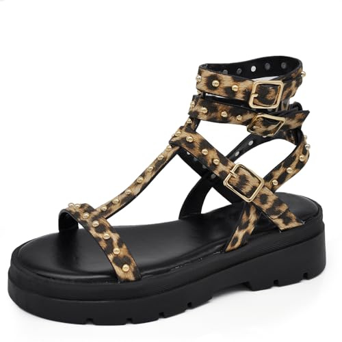 IF Fashion Chaussures Sandales Gladiateur Bottes D'été Femme Avec Plate-forme Goujons Cuir Synthétique 2772CW, 2772 Léopard, 41 EU