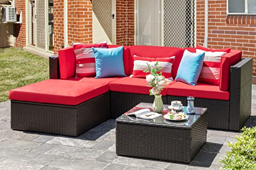 Vongrasig 5 Pieces Small Patio Furniture Sets, All-Weather Outdoor Sectional Patio Sofa Wicker Rattan Patio Seating Sofas with Cushion and Glass Table (Red)