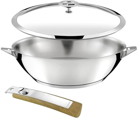 Cuisinox - Eclipse - Wok 28 cm tutto in acciaio inox - Fondo incapsulato - Adatto a tutti i piani cottura, inclusa induzione - Acciaio inossidabile 18/10 - Finitura a specchio - Maniglia rimovibile