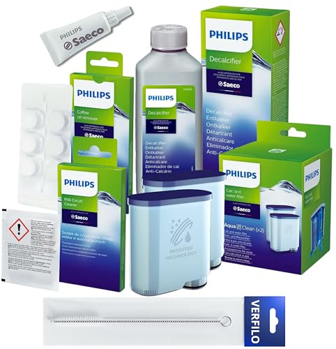 VERFILO Pflegeset für Kaffeevollautomaten kompatibel mit Philips AquaClean: Wasserfilter CA6903/22, Entkalker CA6700, Reinigungstabletten CA6704/10, CA6705/10, Schmierfett HD5061/01, Bürste VERFILO