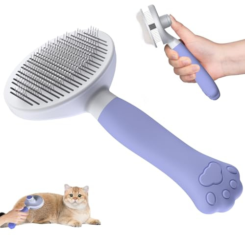 Zivacate Cepillo para Gatos y Perros [Mango Ergonómico & Limpieza con un Clic & Diseño Patentado] Cepillo Autolimpiante para Subpelo para Gatos/Perros/Conejos de Pelo Corto y Largo (Morado)
