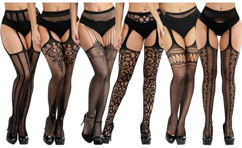 DRESHOW Medias de red para mujer Medias con tirantes Medias altas hasta el muslo