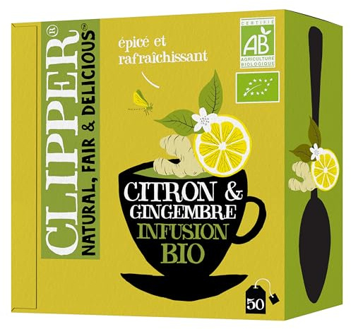 Clipper Organic Lemon and Ginger Tea Bags | Box of 50 Envelope String & Tag Teabags | Organic | Eco-Conscious, Fair Trade Tea | Natural, Unbleached, Plant-Based, Compostable & Biodegradable Tea Bag