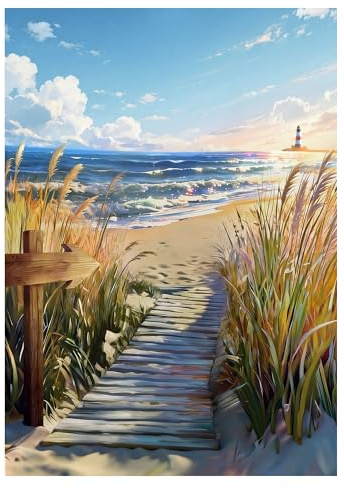NPCSWXQ Cuadro de pintura de diamante para adultos, principiantes, cartel de playa, paisaje de faro 5D, pintura de diamante de mar, DIY, taladro redondo, arte de diamante para decoración de pared