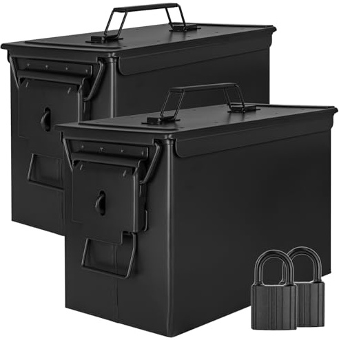 Trucky 2 cajas de munición con candado 33 x 19 x 23 cm Ammo Box Caja de metal caja de munición caja de almacenamiento con tapa Army negro metal
