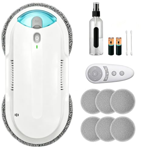 Robot Lavavetri Automatico con Spray Ultrasonico, Serbatoio da 95 ml, Aspirazione Potente, Rilevamento Bordi, Telecomando, Cavo di Sicurezza, per Finestre, Vetri, Specchi e Box Doccia