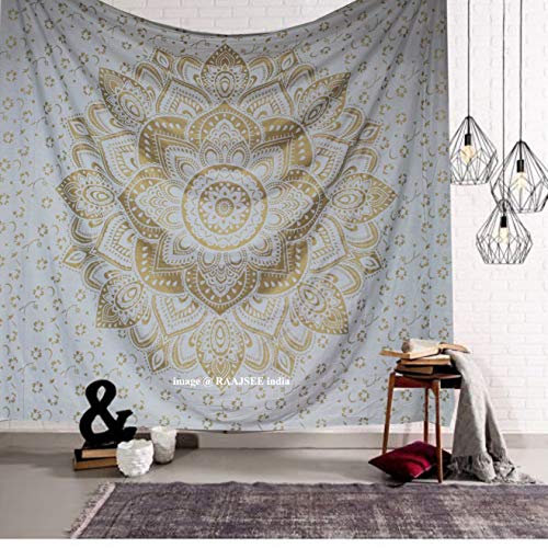 raajsee Indisch Wandteppich Mandala Weißes Gold Boho WandDeko, Aesthetic Room Décor, Wandtuch Mandala, Wandbehang Psychedelic 208X232 CM