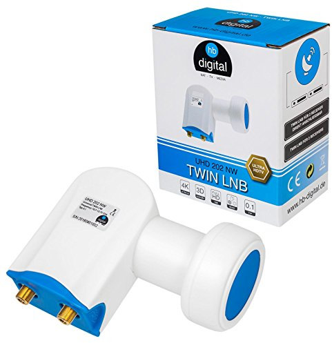 HB-DIGITAL Ultra HD Twin LNB Blanc - UHD 4K Full HD DVB-S/S2 - Facteur de bruit de 0,1 dB - pour deux récepteurs satellite (connexion directe) - Contacts dorés - Protection contre les intempéries