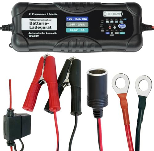 LODCHAMP, 10A/5A Intelligentes Batterieladegerät, 12V/24V KFZ/LKW Ladegerät, Erhaltungsladegerät mit Desulfator und Komfortstecker, Polklemmen und Ringösenkabel