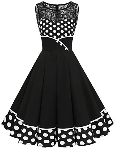 Bbonlinedress Abito da cocktail da donna, rockabilly, in pizzo, stile vintage anni '50, gonna a pieghe, elegante, senza maniche, girocollo, S