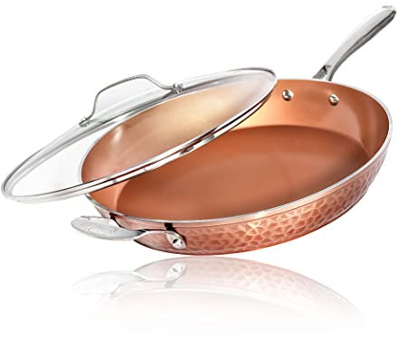 GOTHAM STEEL 35,6 cm Antihaft-Bratpfanne mit Deckel – gehämmerte Kupfer-Kollektion, Premium-Aluminium-Kochgeschirr mit Edelstahlgriffen, spülmaschinenfest und ofenfest