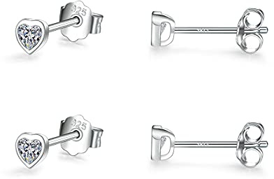 Sterling Silver Stud Earrings for Women Men Girls- 2 Pairs of Tiny Heart Shaped Cubic Zirconia Earrings Small CZ Cartilage Tragus Earrings(2mm/2mm)