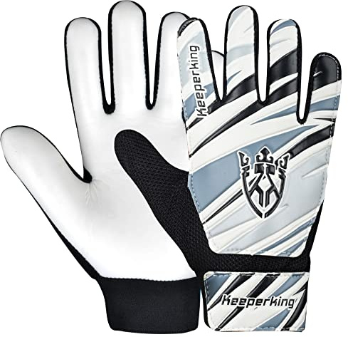 Keeperking Guantes de Portero para niños y niñas, Guantes de fútbol (5, Negro-Gris-Blanco)