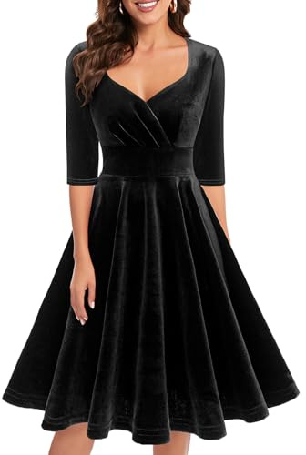 Bbonlinedress Womens Black Velvet Long Sleeve Formal Wedding Guest Vintage Cocktail Holiday Party Midi Dress V-Black M