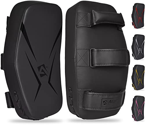 AQF Thai Pads für Kickboxen Muay Thai Pad mit festem Griff, Maya Leder Gebogene Strike Schild für Boxen MMA Kampfsport Taekwondo, Training Sport (Single, Schwarz)