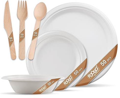 FOOGO Green 300pcs Disposable Sugarcane Fibre Strong Paper Plates, Bowls and Wooden Cutlery Set, FSC® Certified, 50x Large Round, 50x Small Plates, 50x Bowls, 50x Forks, 50x Knives, 50x Spoons