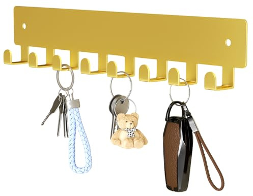 pickpiff Gold Key Holder for Wall Adhesive, Key Hooks with 8 Hooks Wall Mounted, Black Key Hangers for Wall Decor No Drill for Living Room, Kitchen, Office