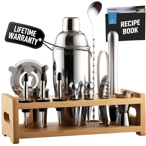 Zulay Kitchen 24 Piece Bartender Kit-Stainless Steel Bar Accessories with Display-Modern Mixology Shaker Set for At-Home Cocktails-Use for Mixer, Martini, Margarita and Liquer-Bar Tools (Silver)