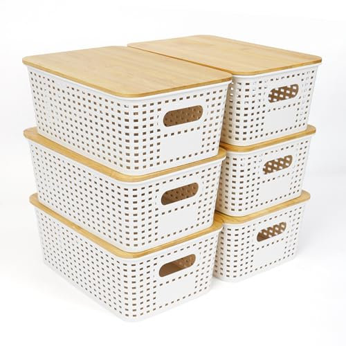 UHAPEER Aufbewahrungsbox mit Bambus Deckel, 6 Stücke Aufbewahrungskorb, Kunststoff Korb Aufbewahrung, Kitchen Organizer Weiß, Stapelbare Aufbewahrungsboxen, Kiste mit Deckel 25.6 x 18 x 10.7 cm