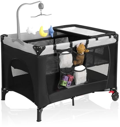 Pack and Play with Changing Table & Carry Bag, 4-in-1 Portable Crib Playpen for Newborn to Toddler, ASTM Certified Foldable Travel Crib with Bassinet(A-Black)