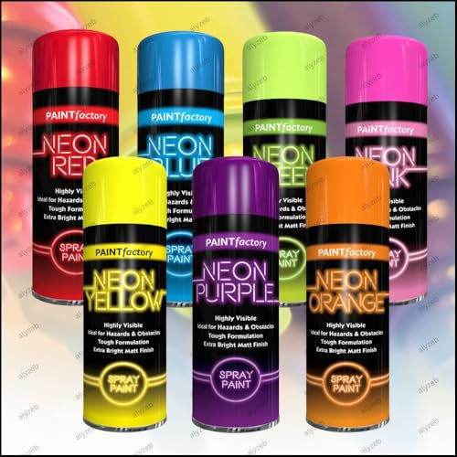 7 Mix Cans Fluorescent Neon Spray Paint Multipurpose Aerosol DIY Graffiti (Banksey) N0 CFCs Extra Bright Assorted Colours Paint Blue Green Orange Pink Yellow Red Purple 200ml - A3